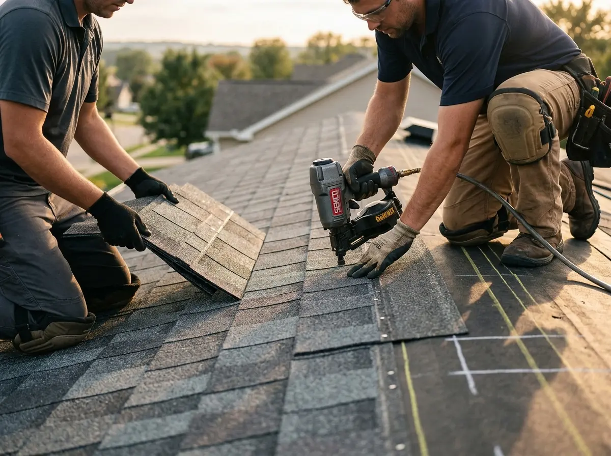 Professional roofer working on a residential roof in Ramapo